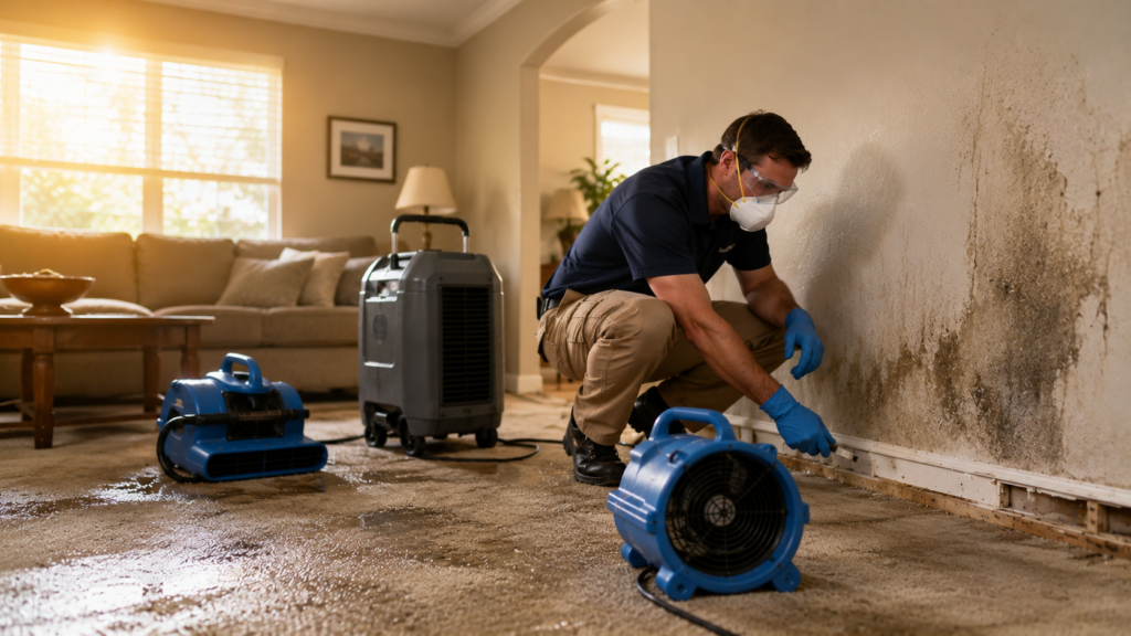 Professional water damage restoration technician wearing protective gear and a respirator mask operating air movers and a dehumidifier to dry wet carpet and water-damaged walls inside a Texas home.