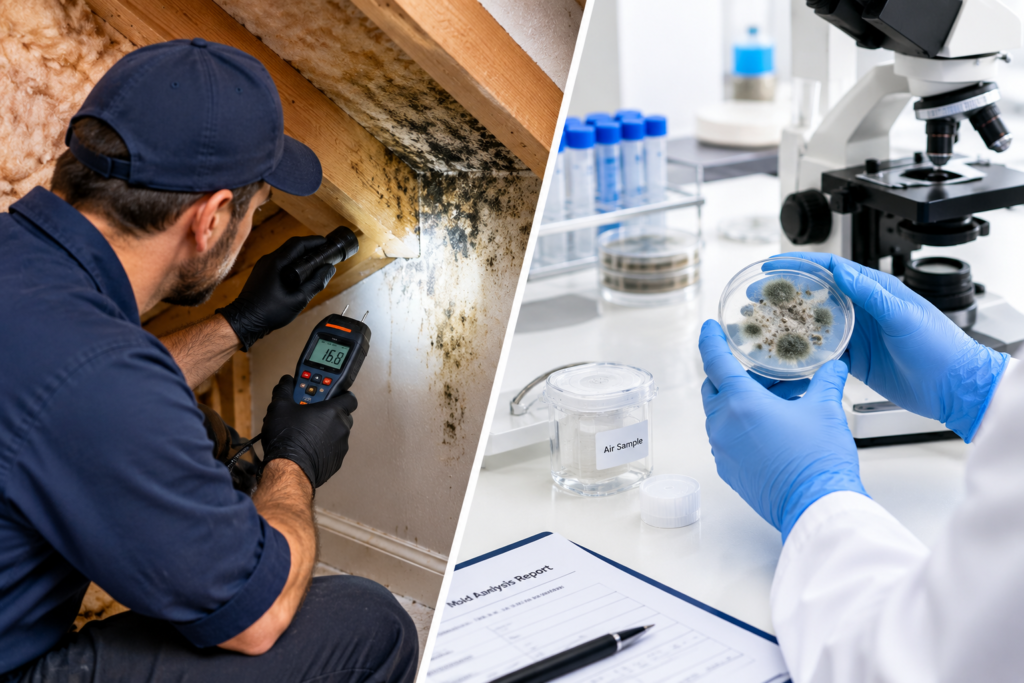 Mold inspector examining attic mold with a moisture meter alongside laboratory mold sample testing under a microscope.